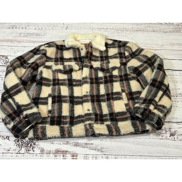 Levi's Womens Trucker Jacket Ex-Boyfriend All Over Sherpa Plaid Beige Size S NWT - Picture 3 of 12